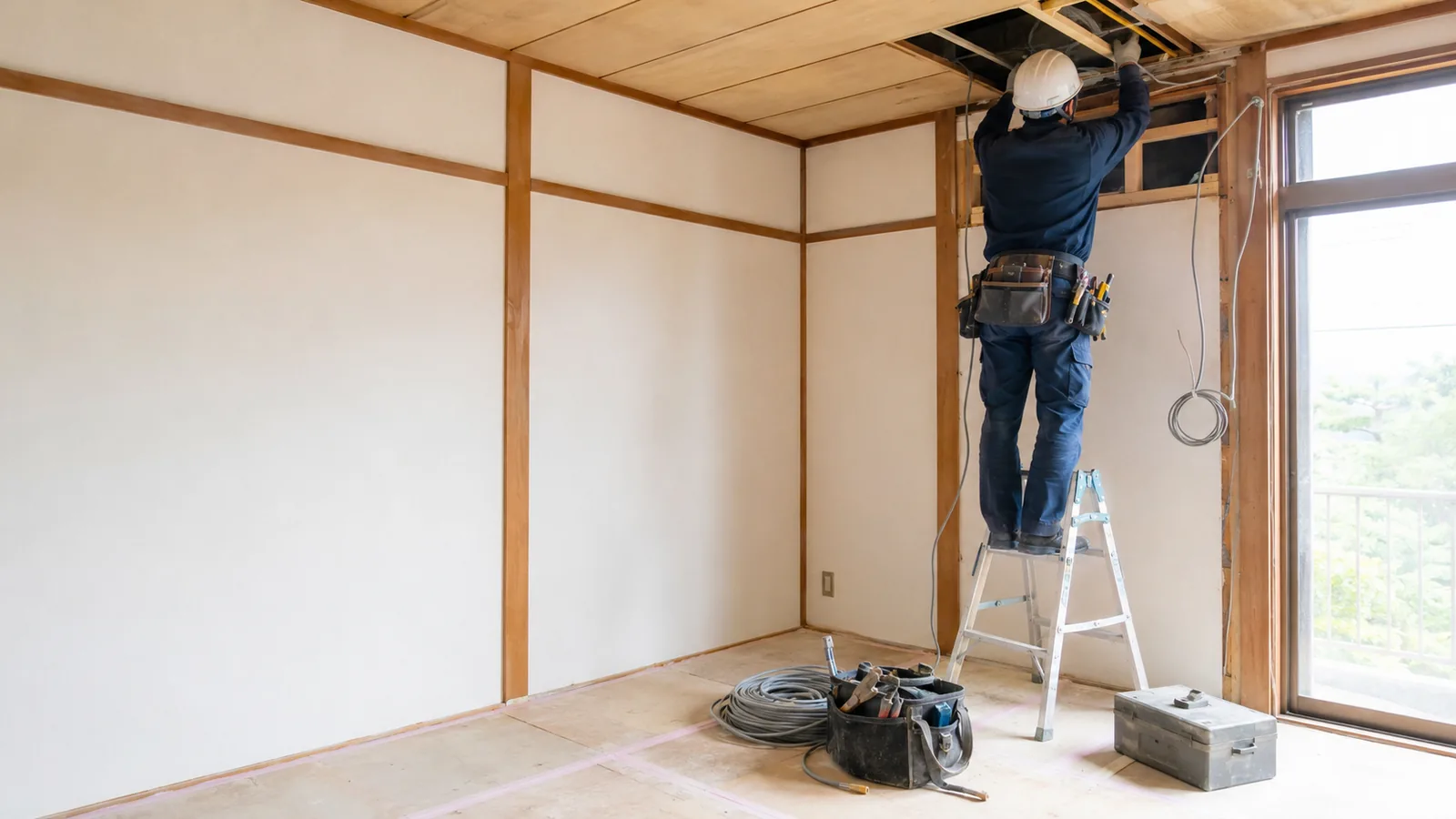 住宅の天井裏に電線を通す作業