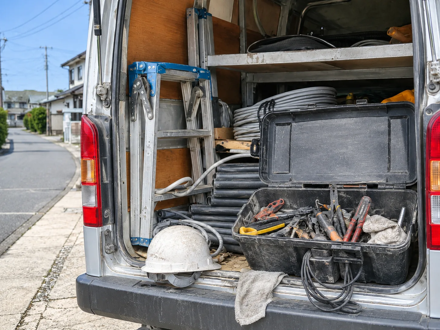 作業車の荷室。電線、工具箱、脚立、ヘルメット